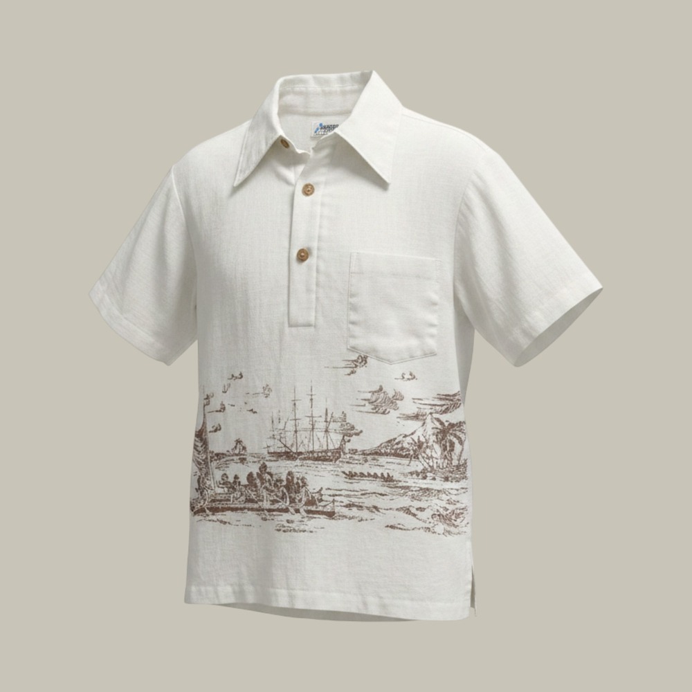 RARE Vintage Pacific Isle Hawaii Linen Nautical Ship Short Sleeve Shirt Mens M